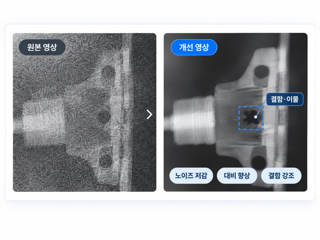 원본 영상과 노이즈 저감·대비 향상·결함 강조를 적용한 개선 영상 비교