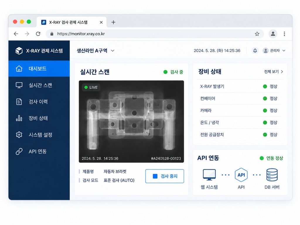 웹 관제 화면의 실시간 스캔, 장비 상태, API 연동 상태