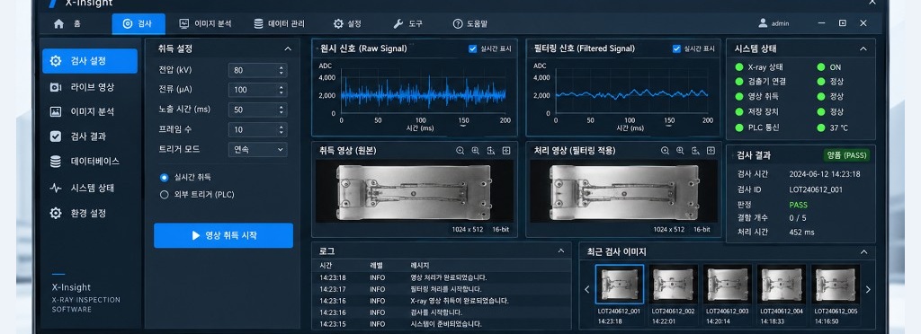 신호 획득, 영상처리, 검사 결과를 보여 주는 검사 소프트웨어 화면